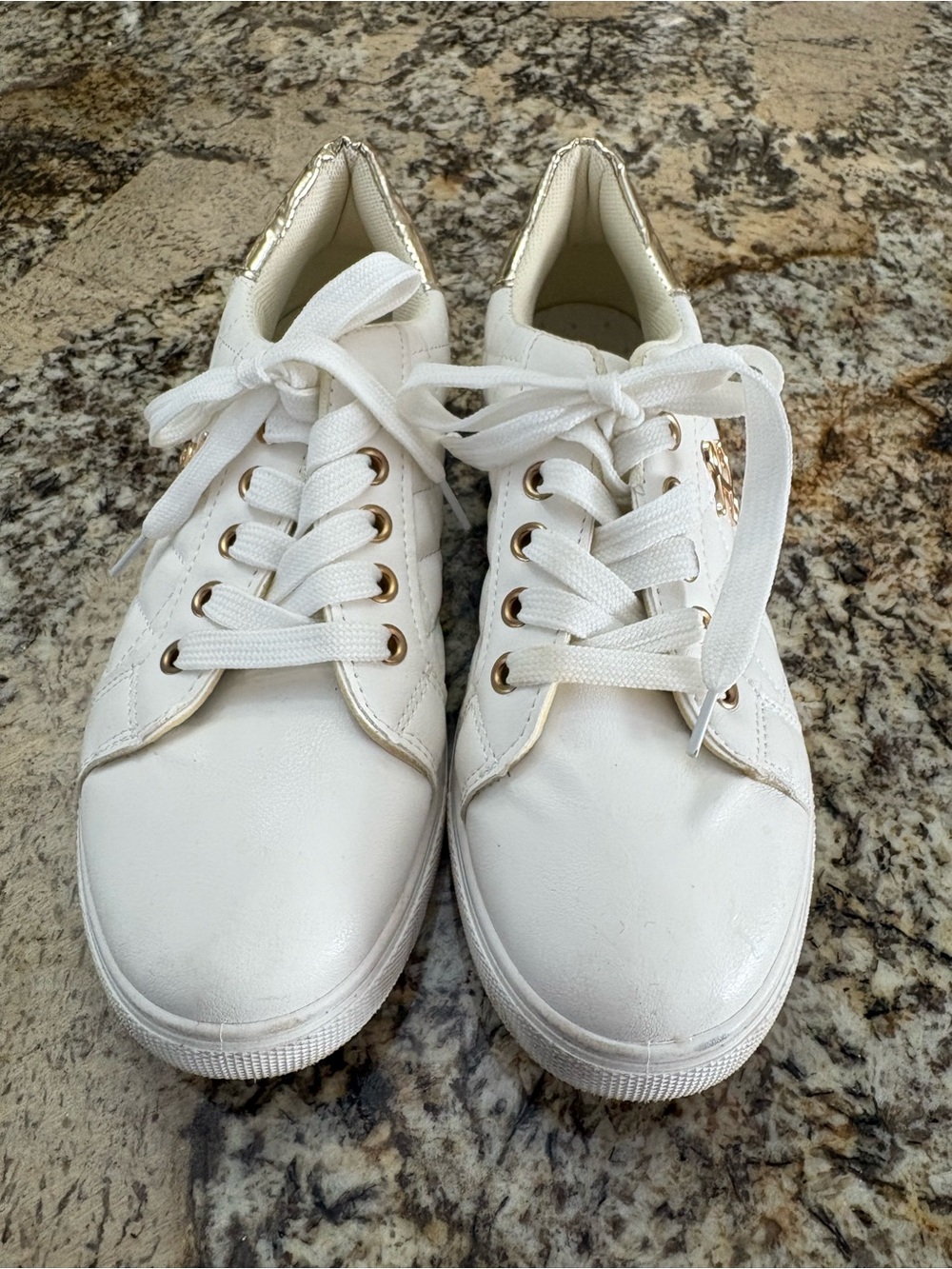 Women's White Lace-Up Sneakers with Gold Trim